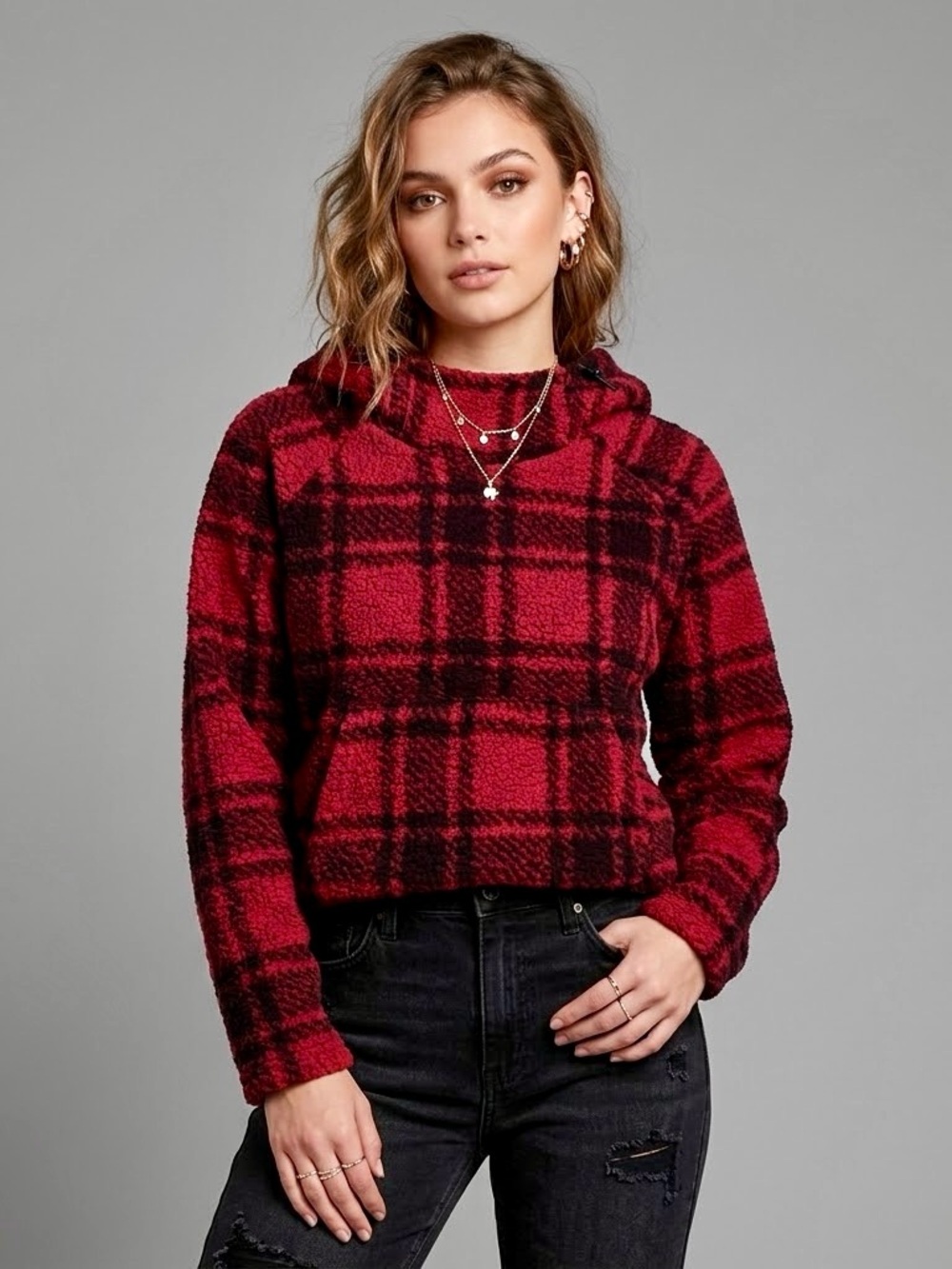 PINK Victorias Secret Teddy Fleece Plaid Hoodie Medium Red Black Grunge Y2K Cozy